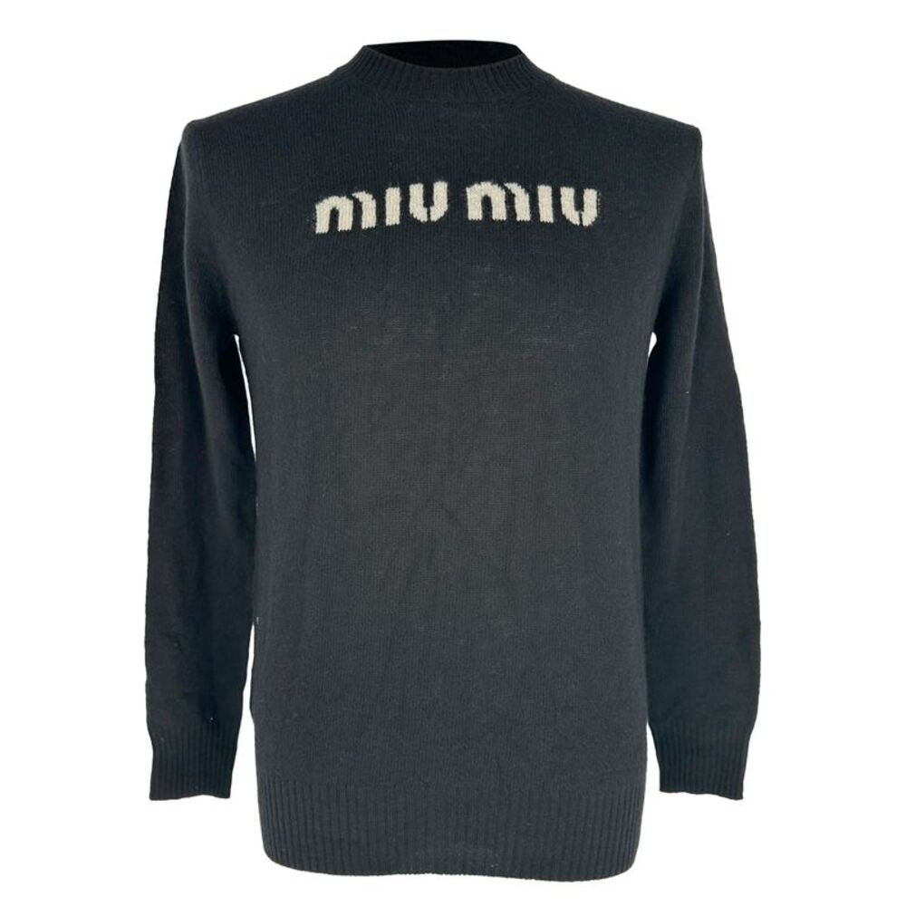Miu Miu Logo-Embroidered Knitted Sweater in Black Wool
